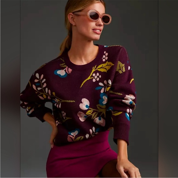Anthropologie Sweaters - Anthropologie Maeve Sonal Nathwani Camryn Floral Sweater XS Plum Maroon Cropped